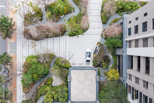 Aerial View of Courtyard with Car and Modern Architecture