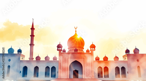 Ramadan Kareem: Arabic Lantern with Crescent Moon, Glowing Candle, and Defocused Mosque at Sunset.	