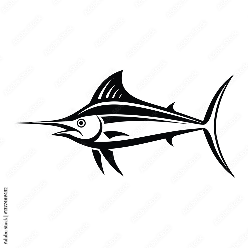Fototapeta premium Marlin fish silhouette vector illustration, isolated on a white background.