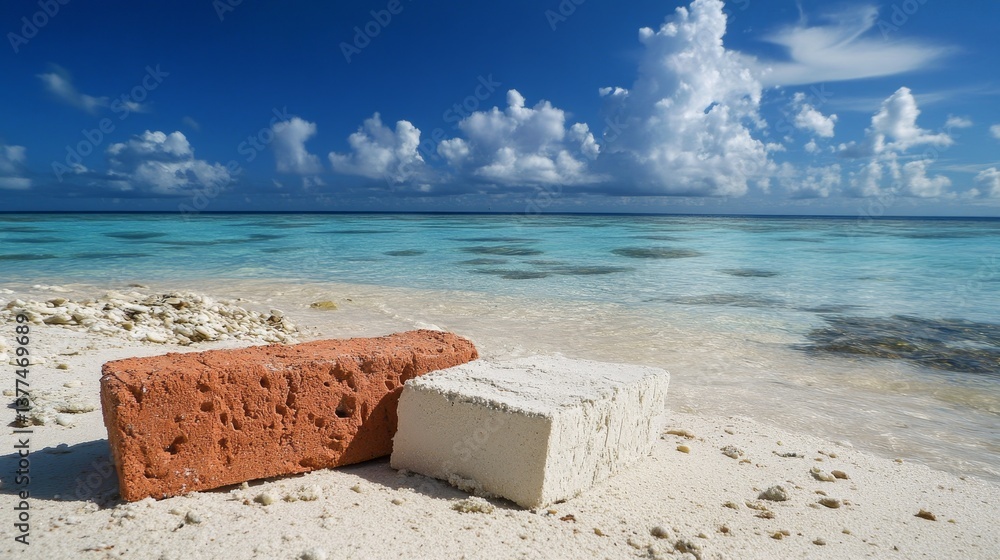 Fototapeta premium Scenic beach with red and white bricks on sandy shore under blue sky