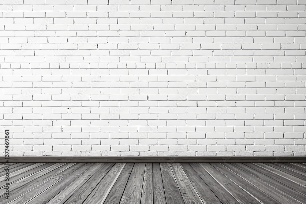 Empty white painted brick wall and wooden floor in minimal interior style, clean background with copyspace, concept for design, poster or layout. Ai generative Empty white painted brick wall and wooden floor in minimal interior style, clean background with copyspace, concept for design, poster or layout. Ai generative