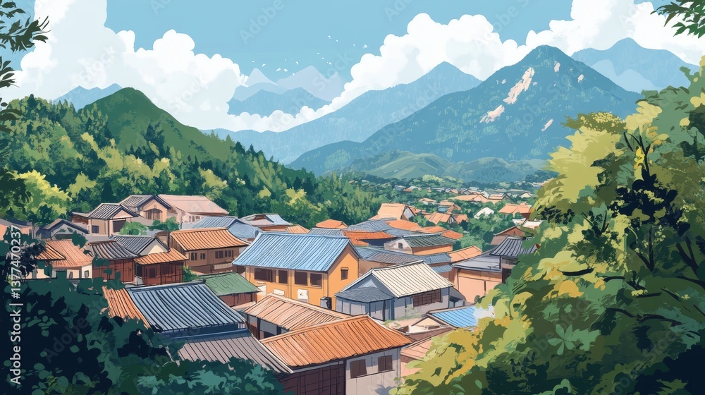 Fototapeta premium Scenic mountain village landscape with vibrant rooftops and lush greenery