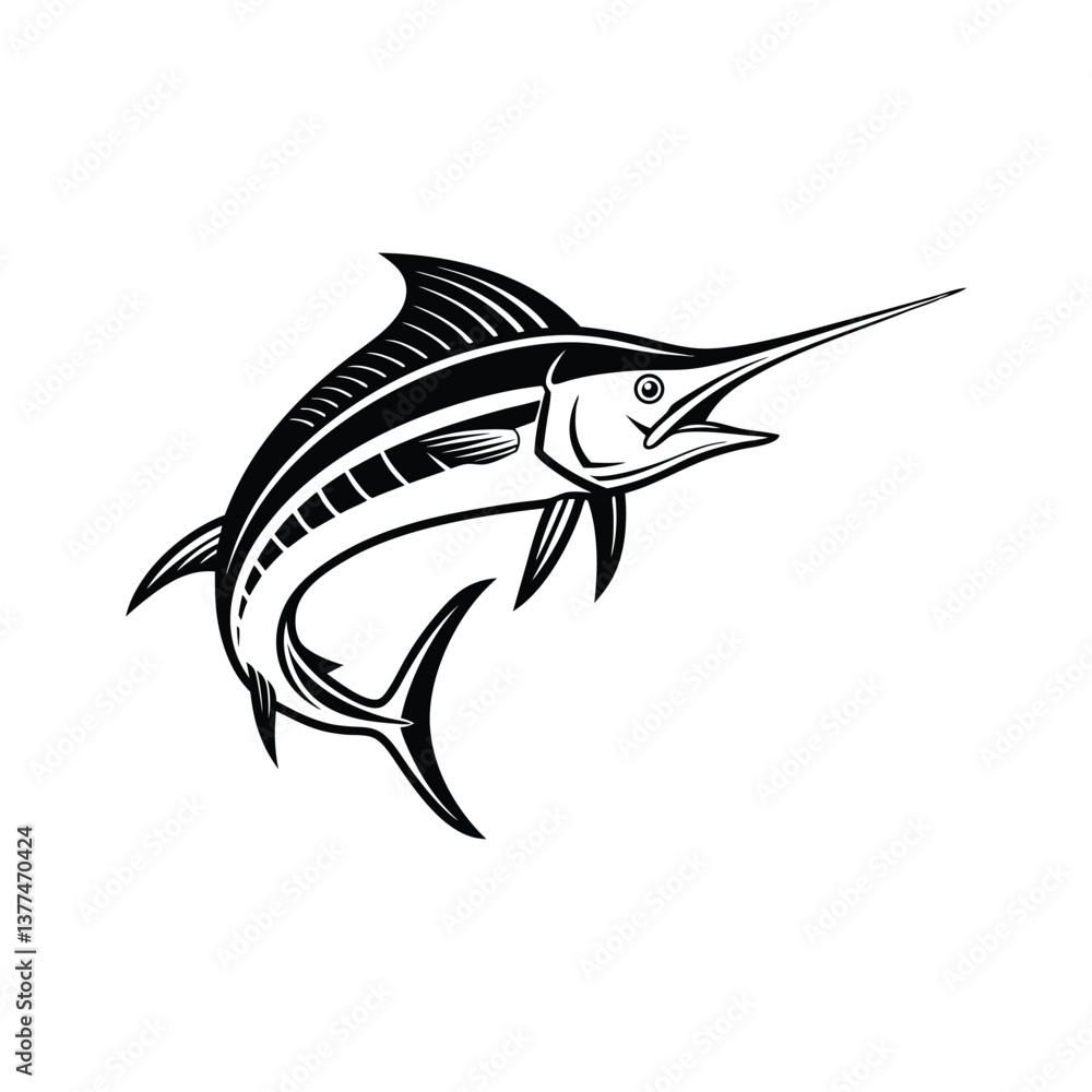 Fototapeta premium Marlin fish silhouette vector illustration, isolated on a white background.