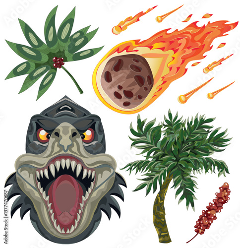 Design set with hand drawn roaring dinosaur head with fangs, tropical plants, palms and falling asteroid for t-shirt, stickers, print. Colorful vector illustrations isolated on white, vintage style