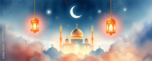 Ramadan Kareem with Golden Mosque and Leaf Pattern on Elegant Background – Eid Mubarak Greeting Design.	
