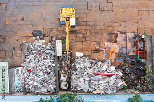 Aerial View of Recycling Plant with Excavator