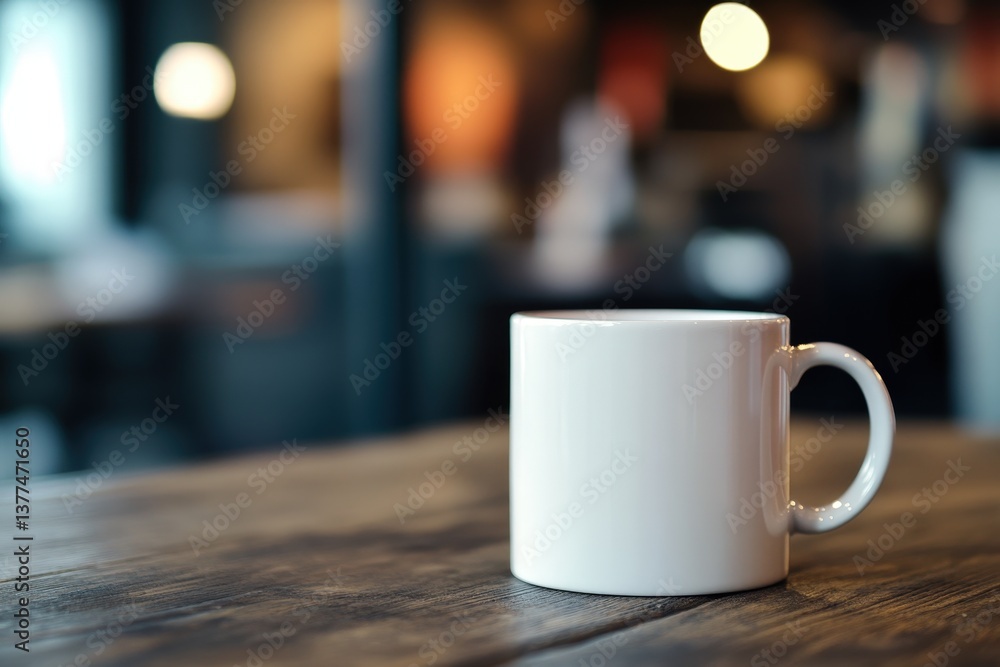 A white mug on a wooden table in a cafe A white mug on a wooden table in a cafe