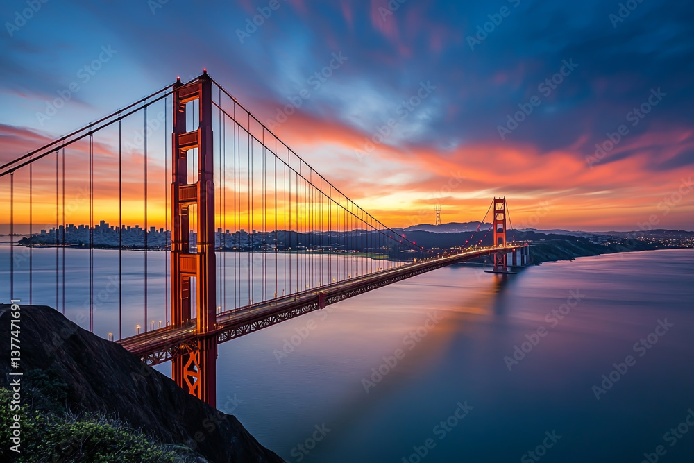 Fototapeta premium Panoramic Sunset View of the Golden Gate Bridge with San Francisco Skyline