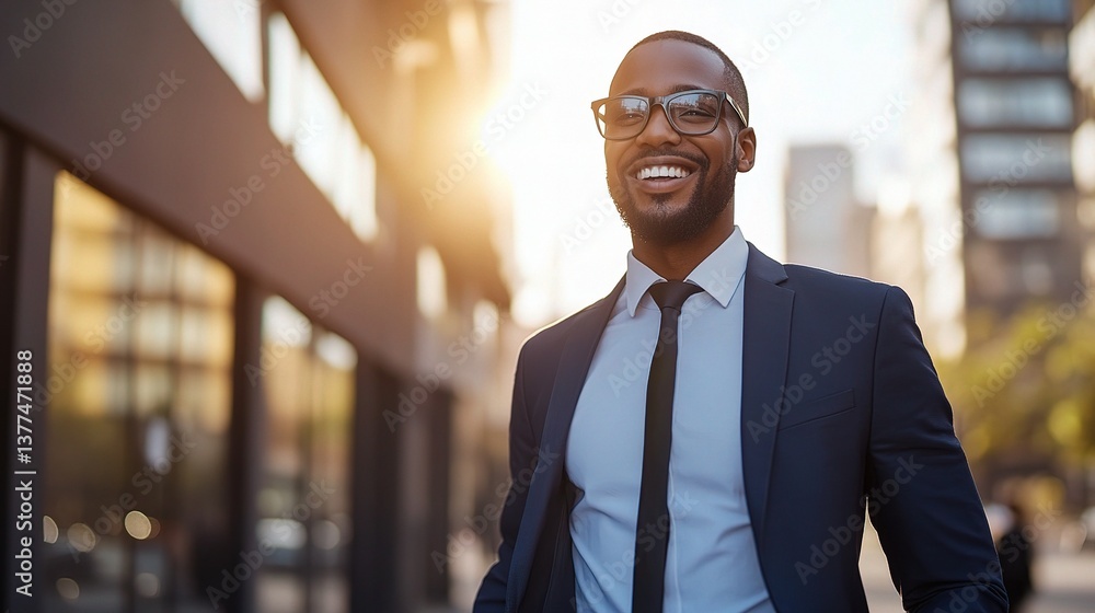 Naklejka premium Happy African Real Estate Agent Walking Through City Street