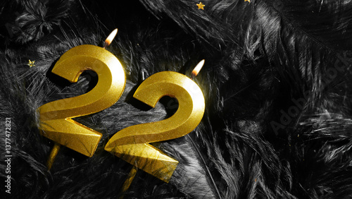 Photography Number 22 golden celebration birthday candle on Black Feathers Background