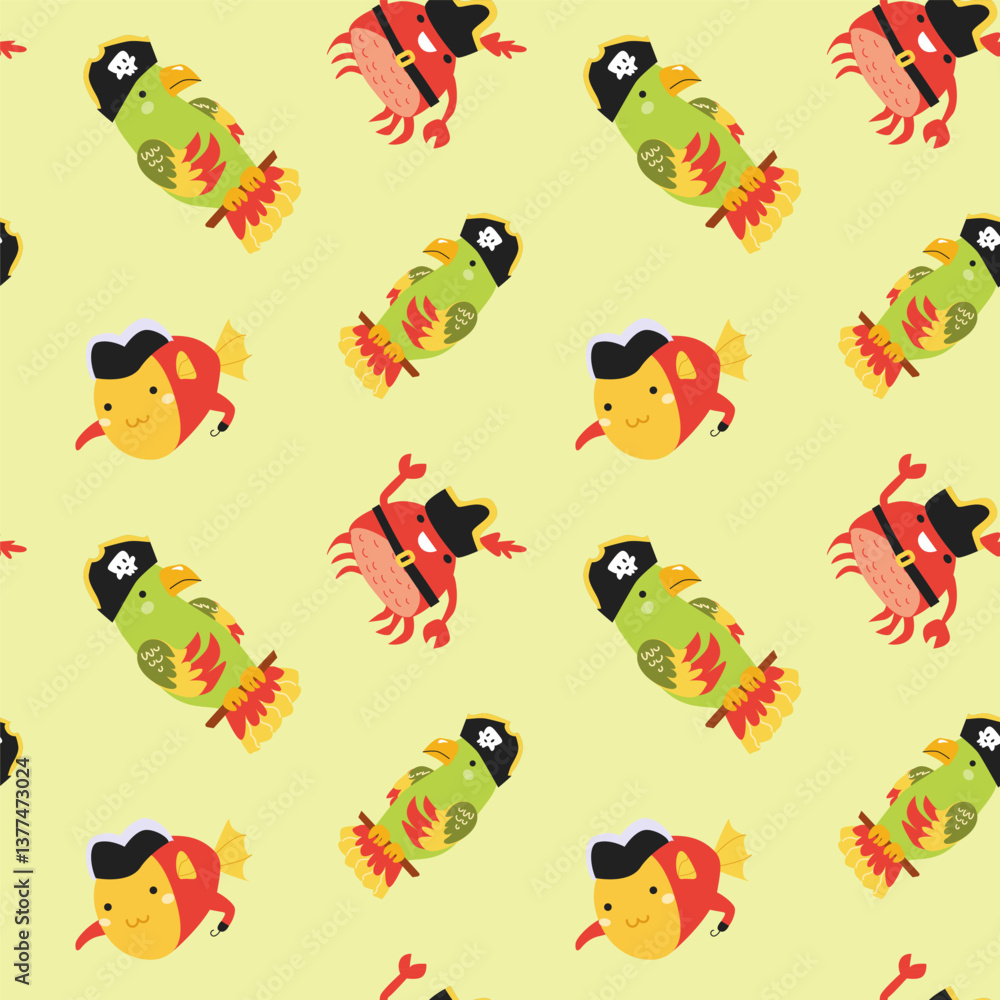 Obraz premium Pirate-themed cartoon sea creatures pattern on yellow background.