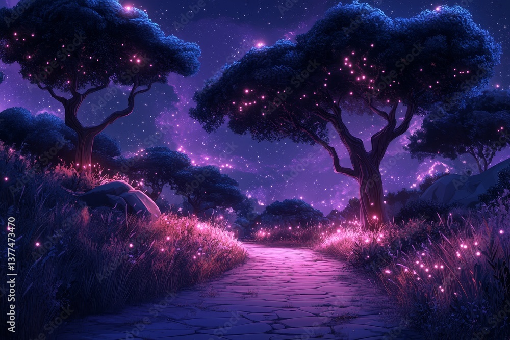 Enchanted night forest with glowing trees and starry sky Enchanted night forest with glowing trees and starry sky