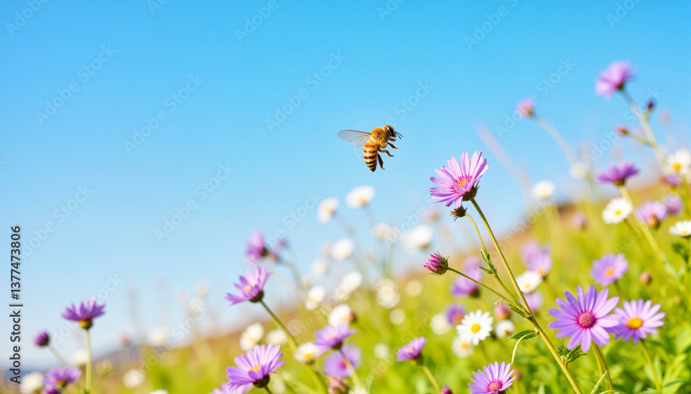 Bee hovering over colorful flowers against a clear blue sky Bee hovering over colorful flowers against a clear blue sky