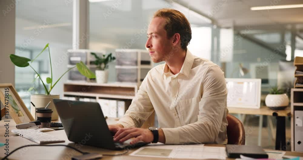Accounting, thinking and man on laptop in office for bookkeeping, research or investment. Finance report, solution or serious accountant in workplace for audit review, profit growth or tax compliance Accounting, thinking and man on laptop in office for bookkeeping, research or investment. Finance report, solution or serious accountant in workplace for audit review, profit growth or tax compliance
