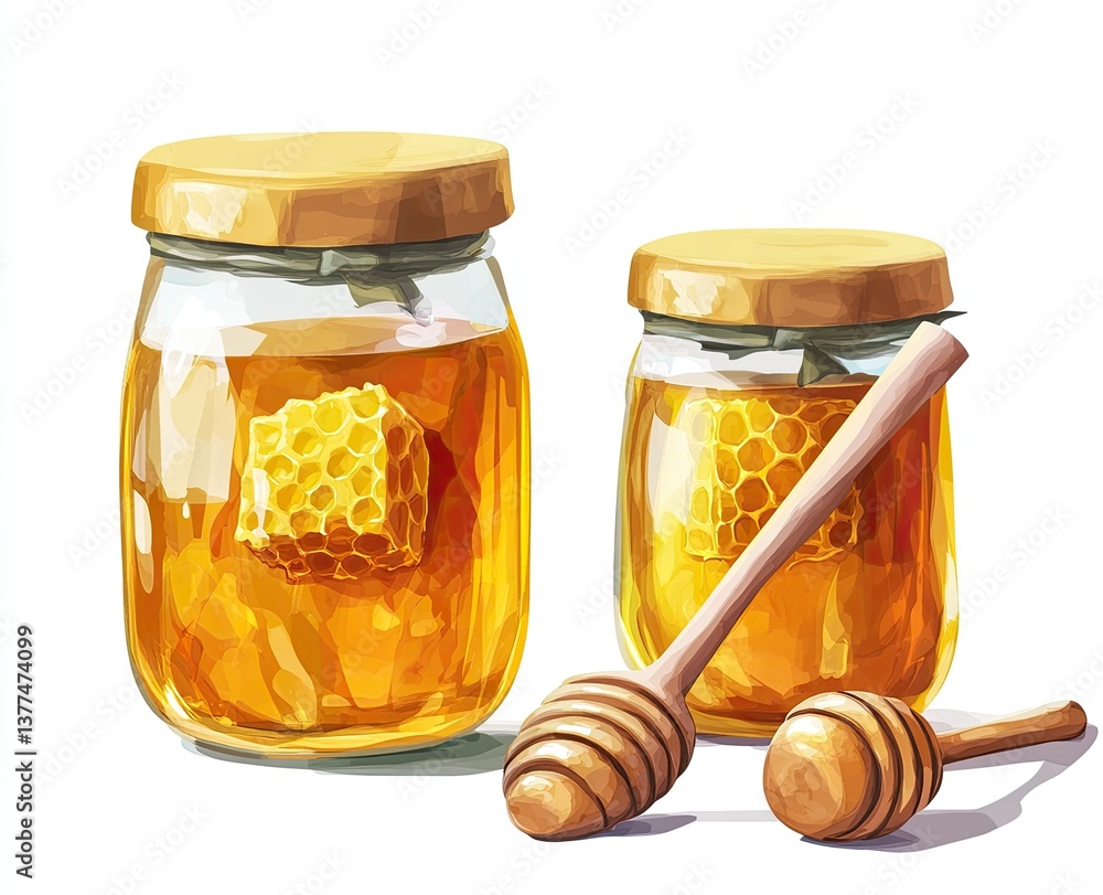 Honey in Glass Jars with Honeycomb Honey in Glass Jars with Honeycomb