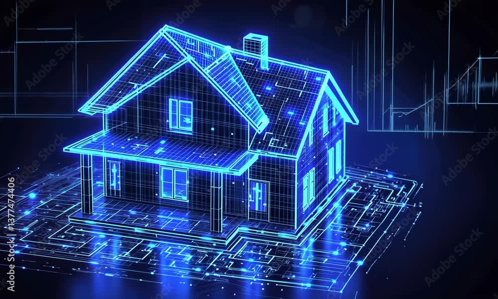 A futuristic rendering of a house featuring a neon blueprint with technological components. A futuristic rendering of a house featuring a neon blueprint with technological components.