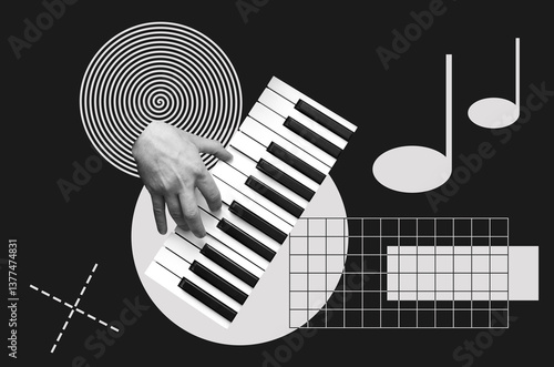 Collage with a hand plays on keyboards