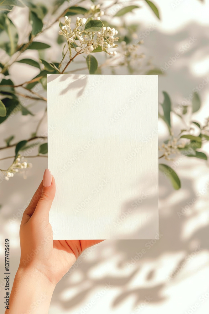 Obraz premium hand holds blank sheet of paper surrounded by green leaves and soft sunlight, creating serene