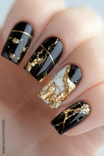 Elegant black and gold nail art featuring marble design and intricate patterns