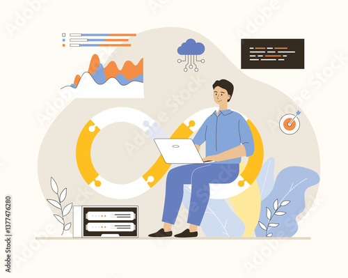 DevOps developer concept. Programmer working on software development, operations process, technical support, automation process. Flat vector illustration.