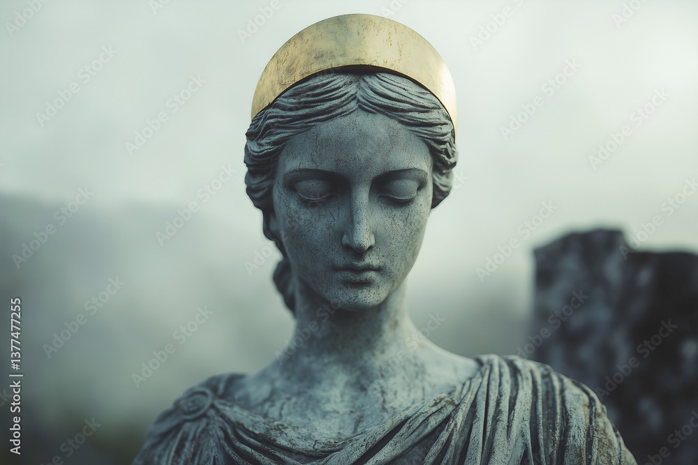 Obraz premium serene Roman statue with golden halo stands against misty background, evoking tranquility