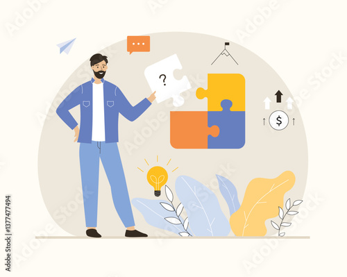 Finding ideas, solutions, brainstorming process. Man putting together a puzzle. Innovation manager. Flat vector illustration.
