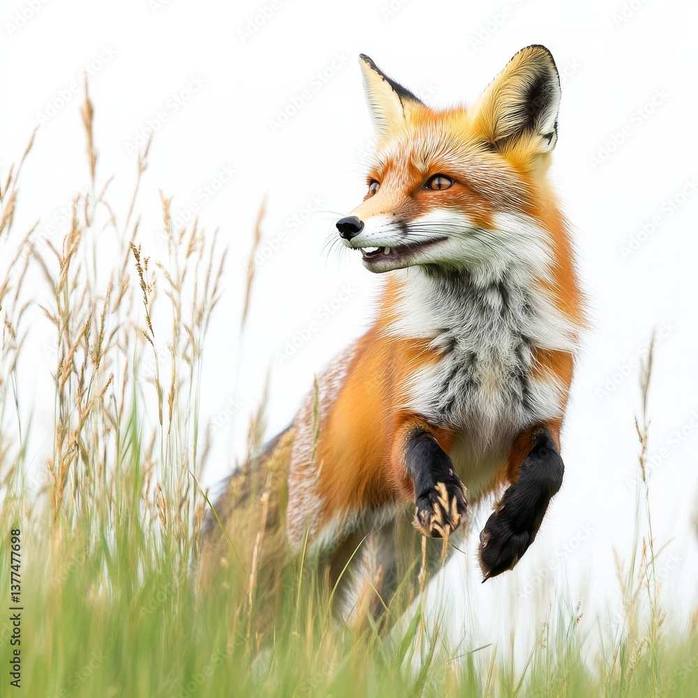 Obraz premium A Red Fox Leaps Through Tall Grass, its Fur a Blaze of Orange and White against a Light Background, a Moment of Wild Agility