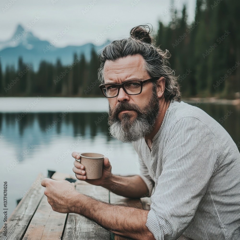 Serene 50-year-old man on wooden dock by calm lake holds cup gazing thoughtfully. Beard, long hair in bun dressed in loose light striped shirt and glasses surrounded by peaceful water and lush forest Serene 50-year-old man on wooden dock by calm lake holds cup gazing thoughtfully. Beard, long hair in bun dressed in loose light striped shirt and glasses surrounded by peaceful water and lush forest