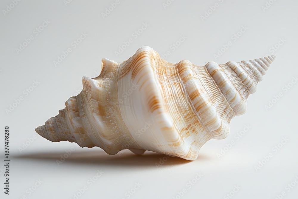 A beautifully sculpted and textured seashell rests against a white background A beautifully sculpted and textured seashell rests against a white background
