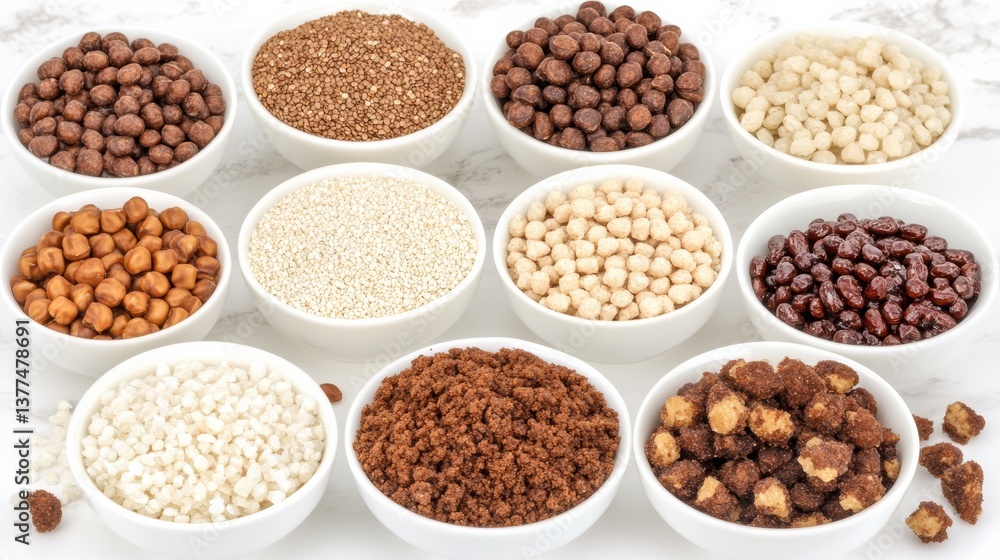 Assortment of Breakfast Cereals in White Bowls on Marble Surface Assortment of Breakfast Cereals in White Bowls on Marble Surface
