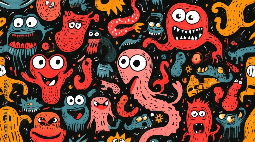 Fototapeta premium Colorful and Fun Cartoon Monsters and Creatures Pattern for Children’s Designs and Textile Projects