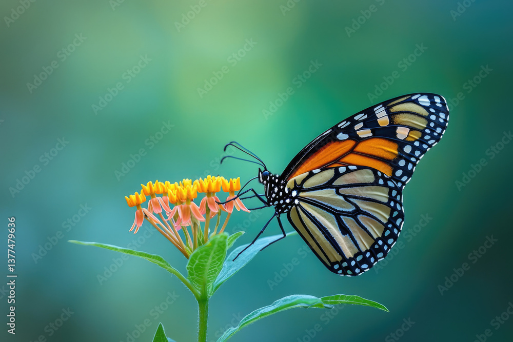 Fototapeta premium A monarch butterfly gently perches on a vibrant orange flower, showcasing its intricate wing patterns against a soft green backdrop.