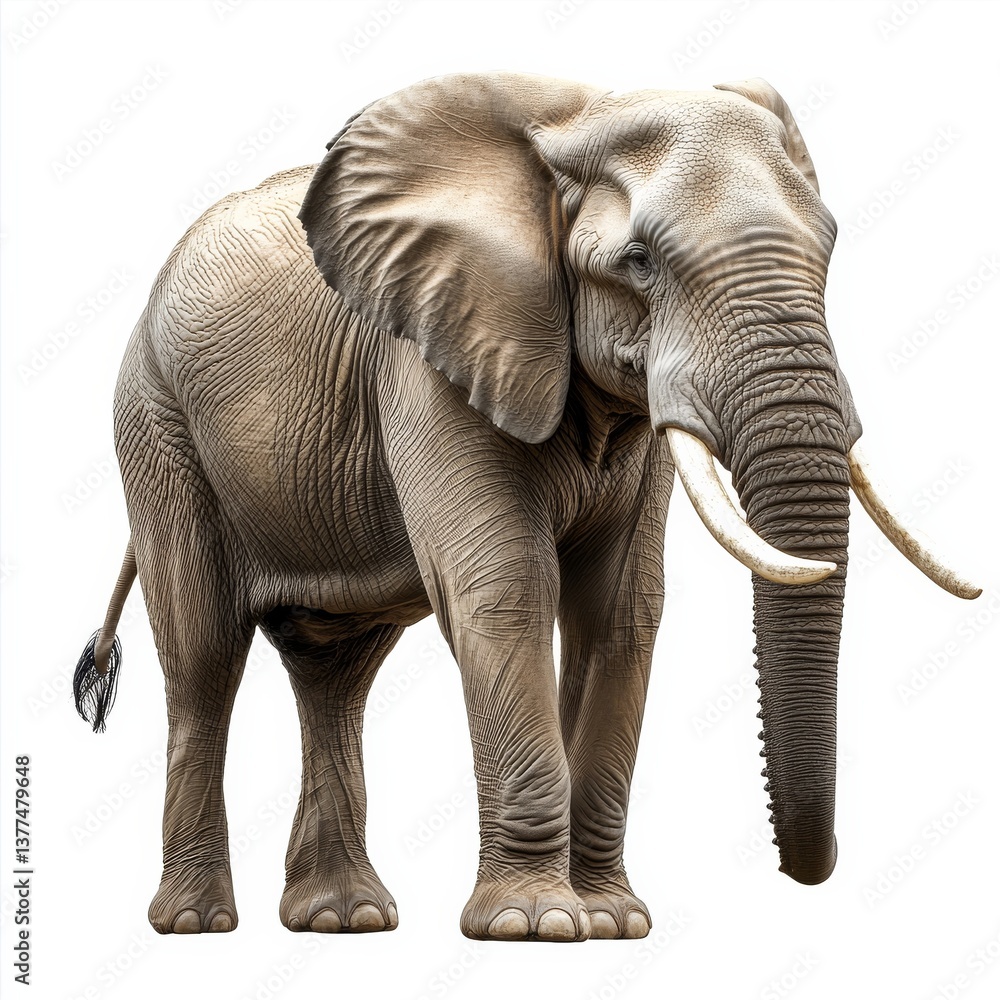 Fototapeta premium Majestic African Elephant Standing Tall, Displaying Wrinkled Skin and Imposing Tusks Against a White Background.