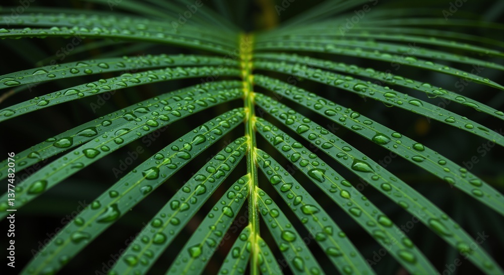 Obraz premium Close-up of a green palm leaf covered in water droplets, showcasing a vibrant and refreshing mood, representing freshness and nature's beauty with a dark background enhancing the vivid colors