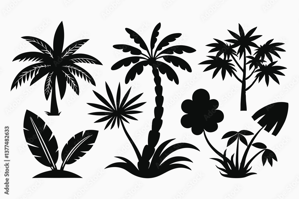 Silhouettes of palm trees on a tropical beach with sun, sea, and sand, creating a paradise landscape Silhouettes of palm trees on a tropical beach with sun, sea, and sand, creating a paradise landscape
