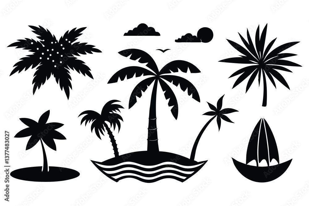 Fototapeta premium Silhouettes of palm trees on a tropical beach with sun, sea, and sand, creating a paradise landscape