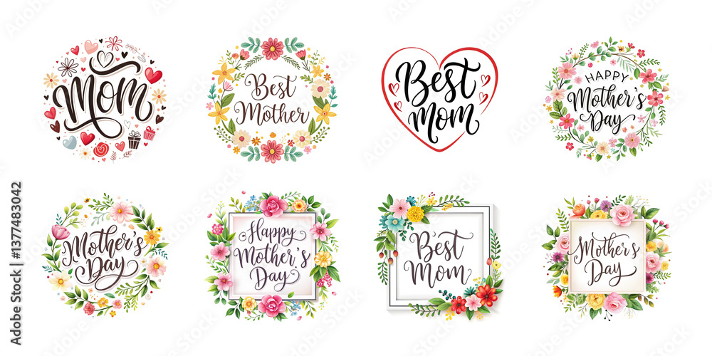 Happy mothers day calligraphy floral text isolated on transparent background Happy mothers day calligraphy floral text isolated on transparent background