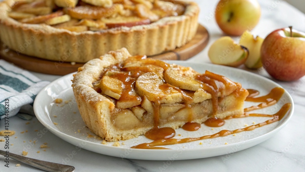 Delicious apple pie charlotte with caramel on the plate on white background. Close up side view.
Delicious apple pie charlotte with caramel on the plate on white background. Close up side view.