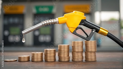 Fuel Nozzle Dripping Over Stacks of Coins at Gas Station
