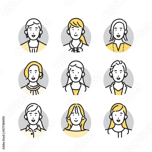 シンプル　イラスト　笑顔のビジネスパーソンの女性のアイコンセット 人物