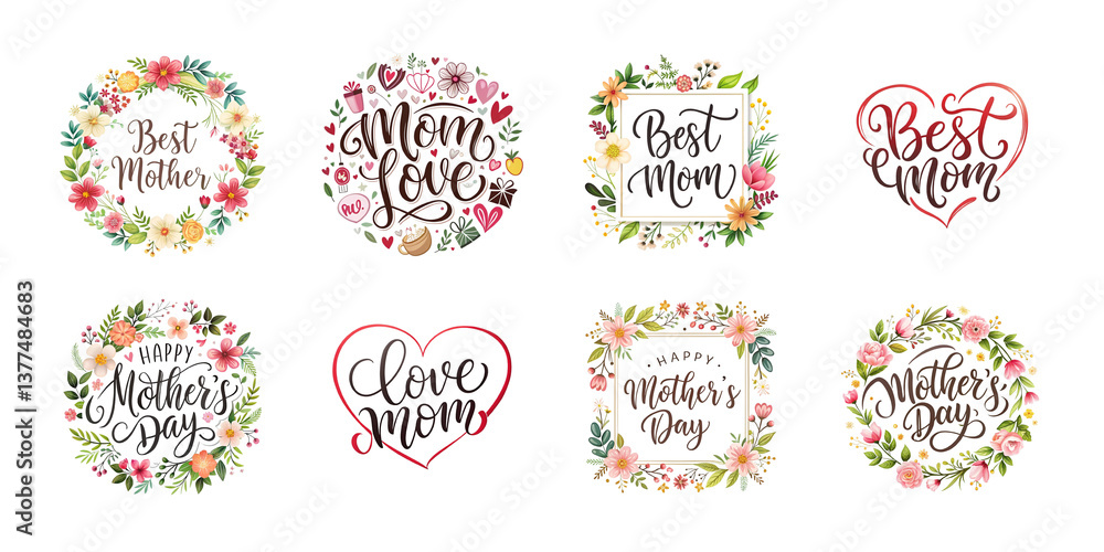 Fototapeta premium Happy mothers day calligraphy floral text isolated on transparent background