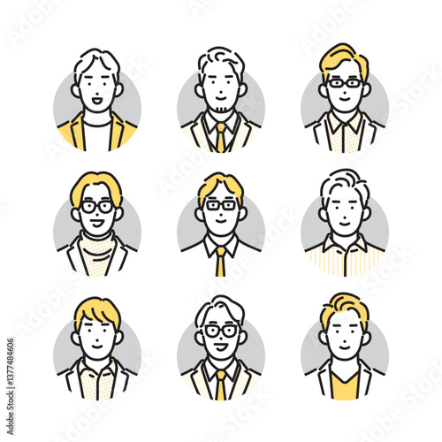 シンプル　イラスト　笑顔のビジネスマンの男性のアイコンセット 人物