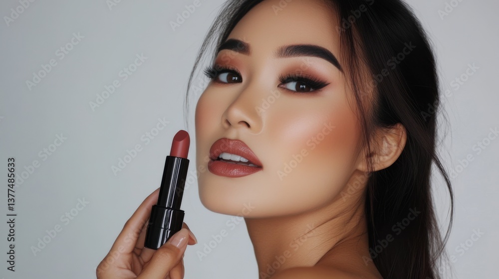 Fototapeta premium Model showcases lipstick application technique in a professional makeup session at a studio