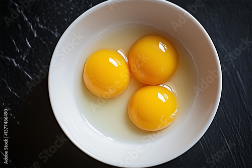 Raw egg yolks resting in the white bowl. Aerial top view photo.