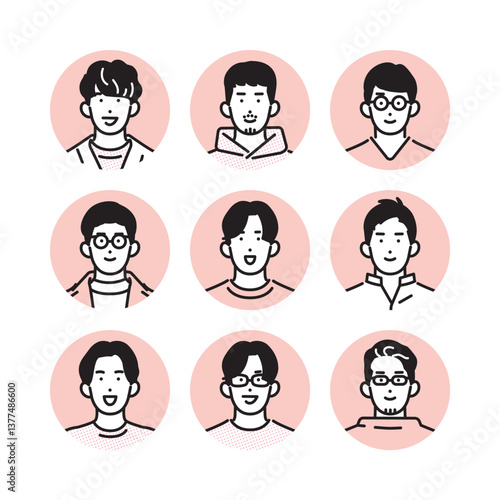 シンプル　イラスト　笑顔のカジュアルな服装の男性のアイコンセット 人物