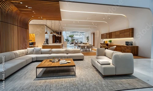 A modern and luxurious interior display showcasing a living room, kitchen, and dining area.