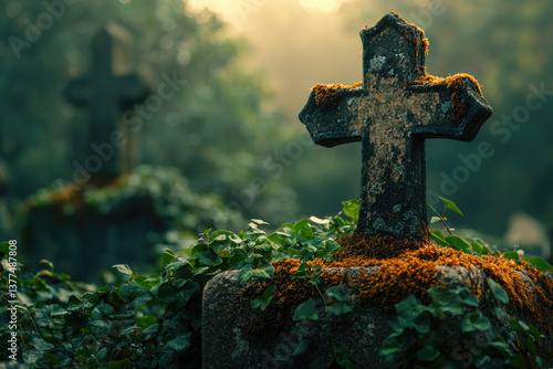 A weathered stone cross stands solemnly in a lush, overgrown cemetery, conveying a sense of peace and remembrance.