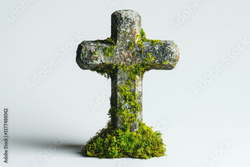 Moss covered stone cross standing on a white surface, a symbol of faith and nature's embrace.