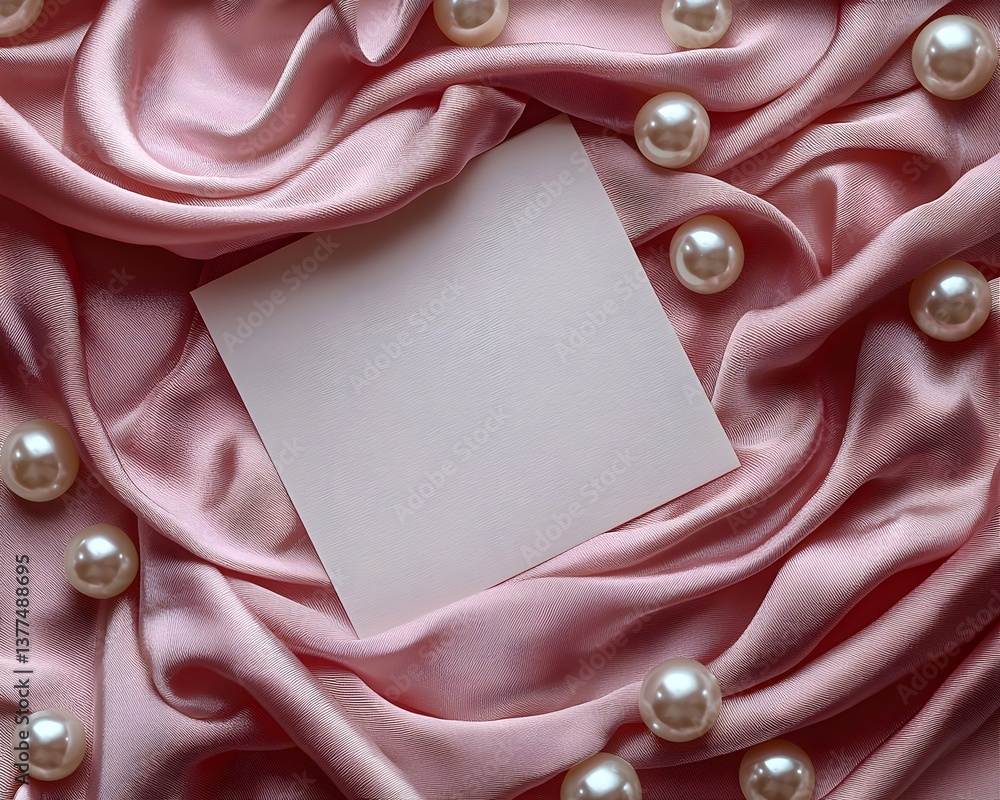 Blank white gift card resting on a pastel pink silk scarf surrounded by pearls