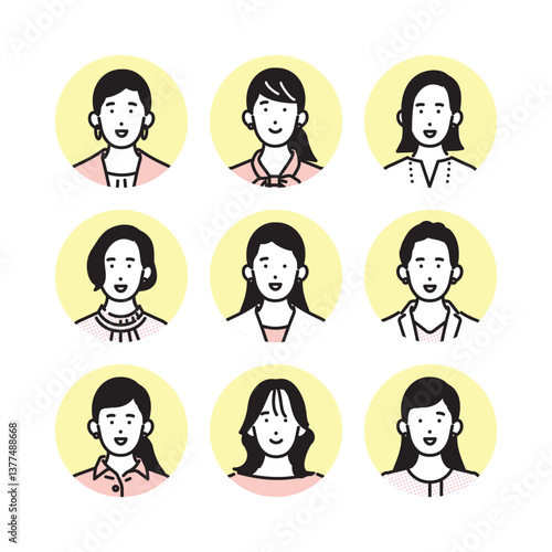 シンプル　イラスト　笑顔のビジネスパーソンの女性のアイコンセット 人物